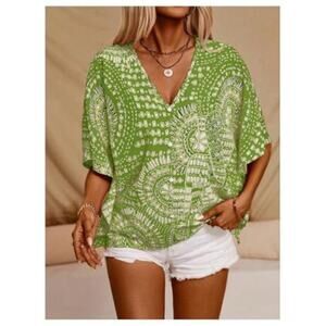 Women’s Green Boho V-Neck 3/4 Sleeve Blouse Vintage 70s Summer Top